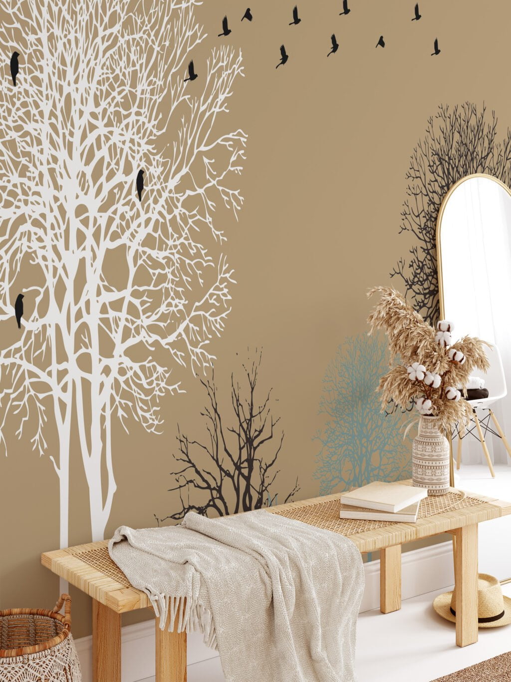 Peel and Stick Minimalist Trees and Birds Wallpaper with Customizable Sizes and Removable Properties for Modern Wall Decor in Living Rooms or Bedrooms