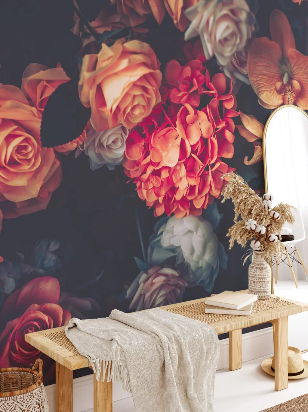 Flower Bouquet with Dark Background Wallpaper, Bold and Striking Peel and Stick Wall Mural, Self Adhesive Removable Wallpaper for a Sophisticated Statement Wall