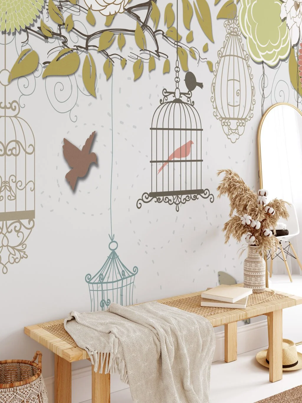 Illustrated Flowers and Birdcages Wallpaper, Playful and Charming Peel and Stick Wall Mural, Self Adhesive Removable Wallpaper for a Whimsical Home Decor