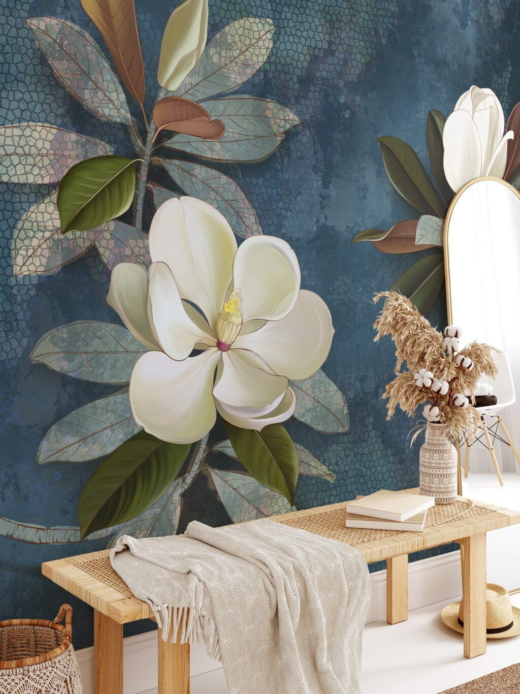 Large White Magnolia Flowers on Green Leafy Background Wallpaper, Peel and Stick Self Adhesive Removable Wall Mural, Nature-Themed Floral Print