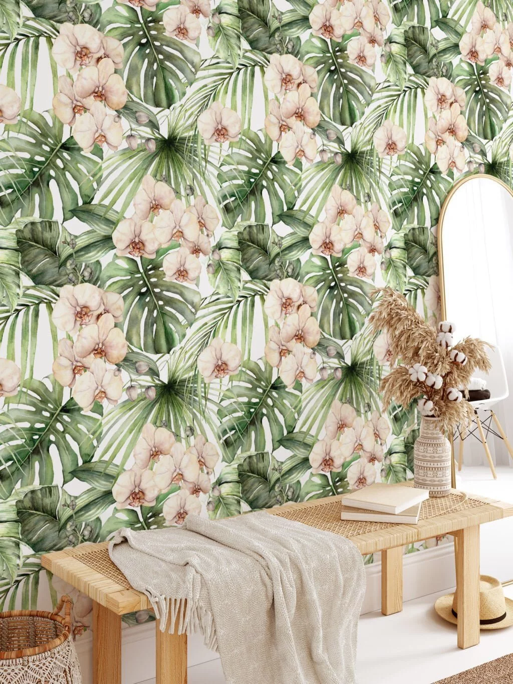 Tropical Paradise Palm Leaves and Orchids Painting Wallpaper, Peel and Stick Self Adhesive Removable Wall Mural, Perfect for a Relaxing Oasis