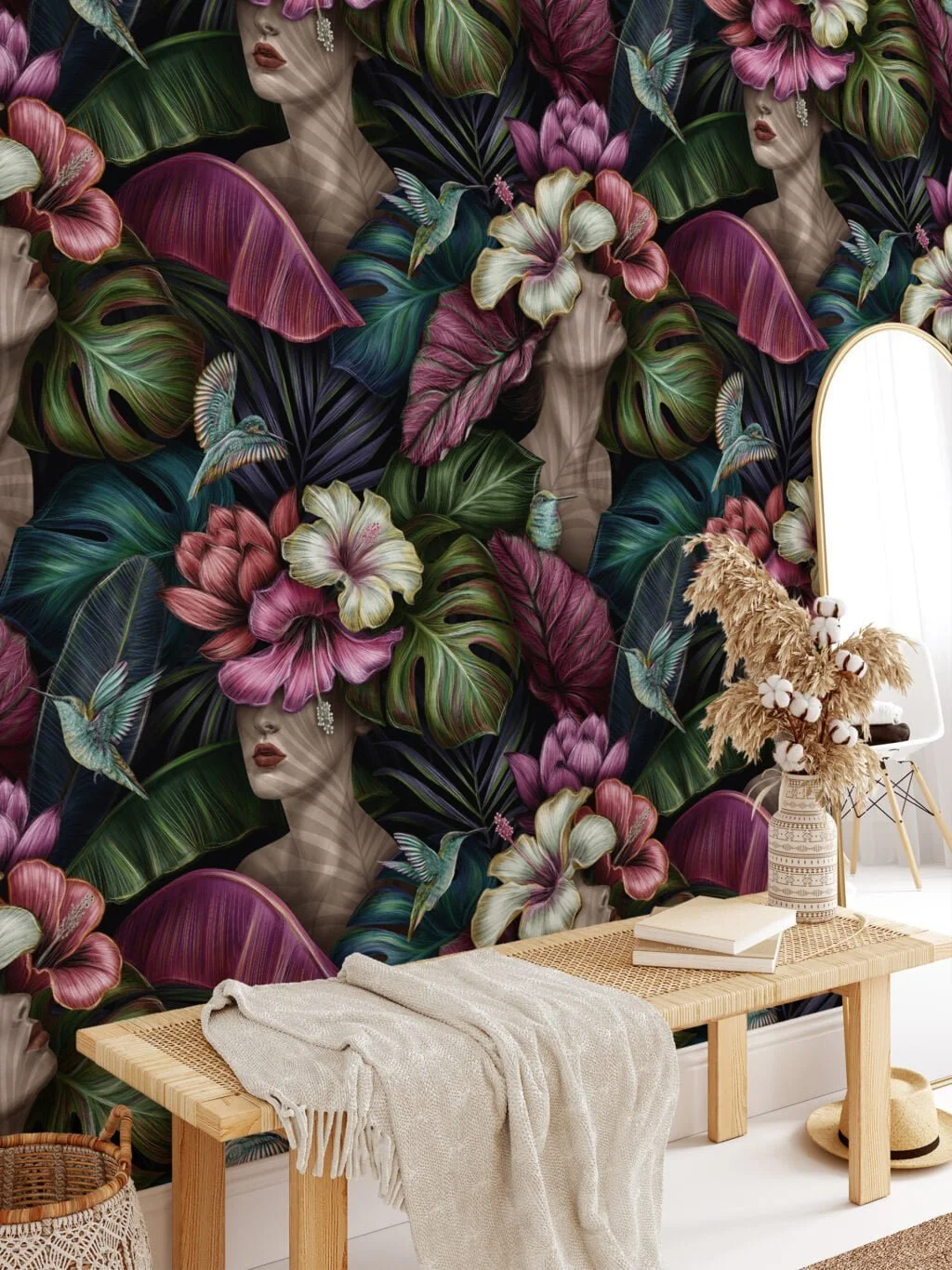 Whimsical Flower Covered Faces Wallpaper, Botanical Removable Wall Mural for Living Room or Bedroom