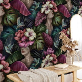 Whimsical Flower Covered Faces Wallpaper, Botanical Removable Wall Mural for Living Room or Bedroom