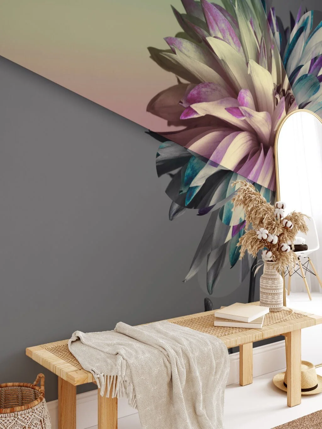 Sophisticated Abstract Flower Wallpaper on Grey Background, Modern Self Adhesive Wall Mural for Bedrooms