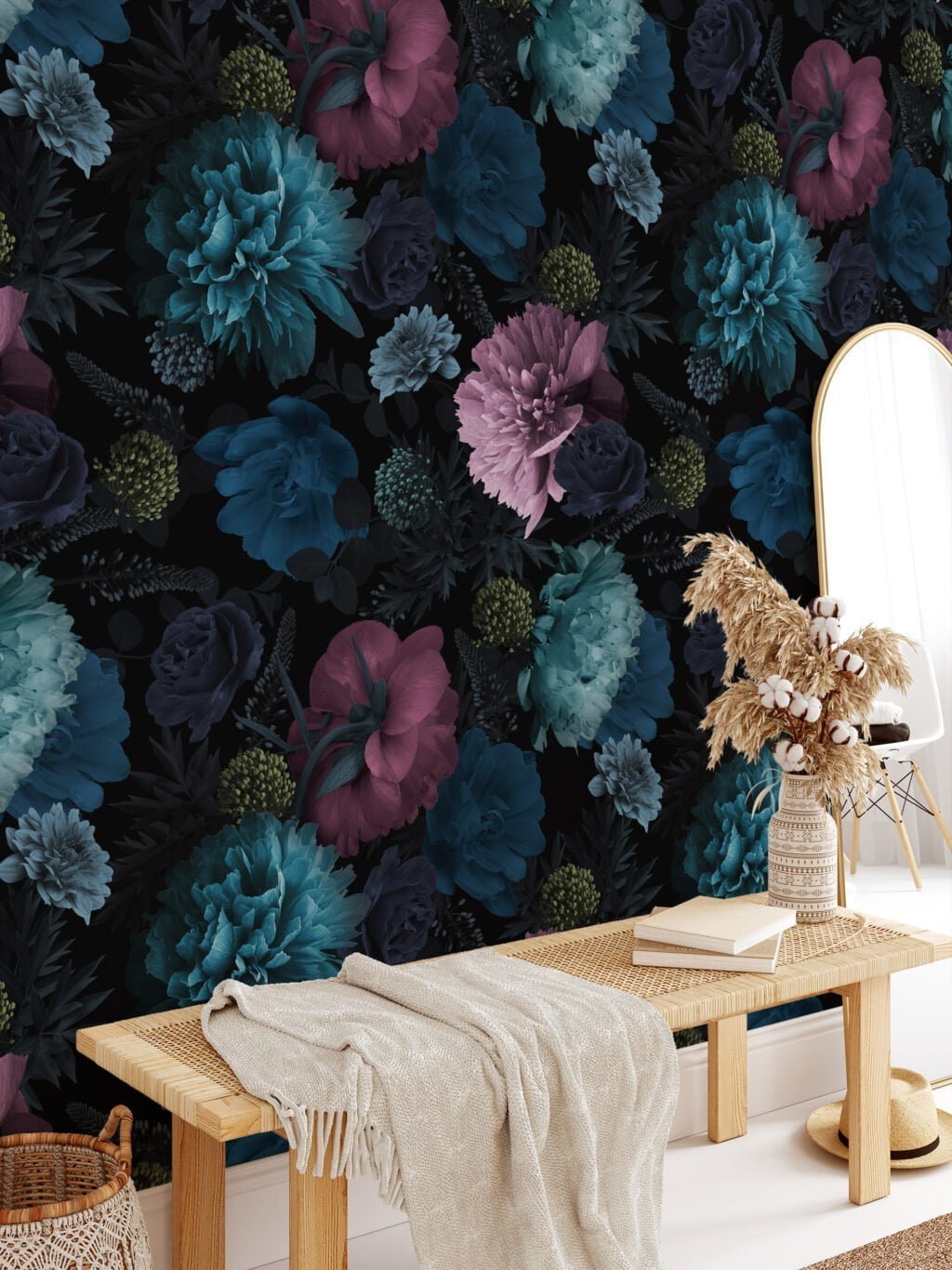 Turquoise and Pink Floral Peel and Stick Wallpaper, Self Adhesive Removable Wall Mural for Living Room, Bedroom, or Bathroom