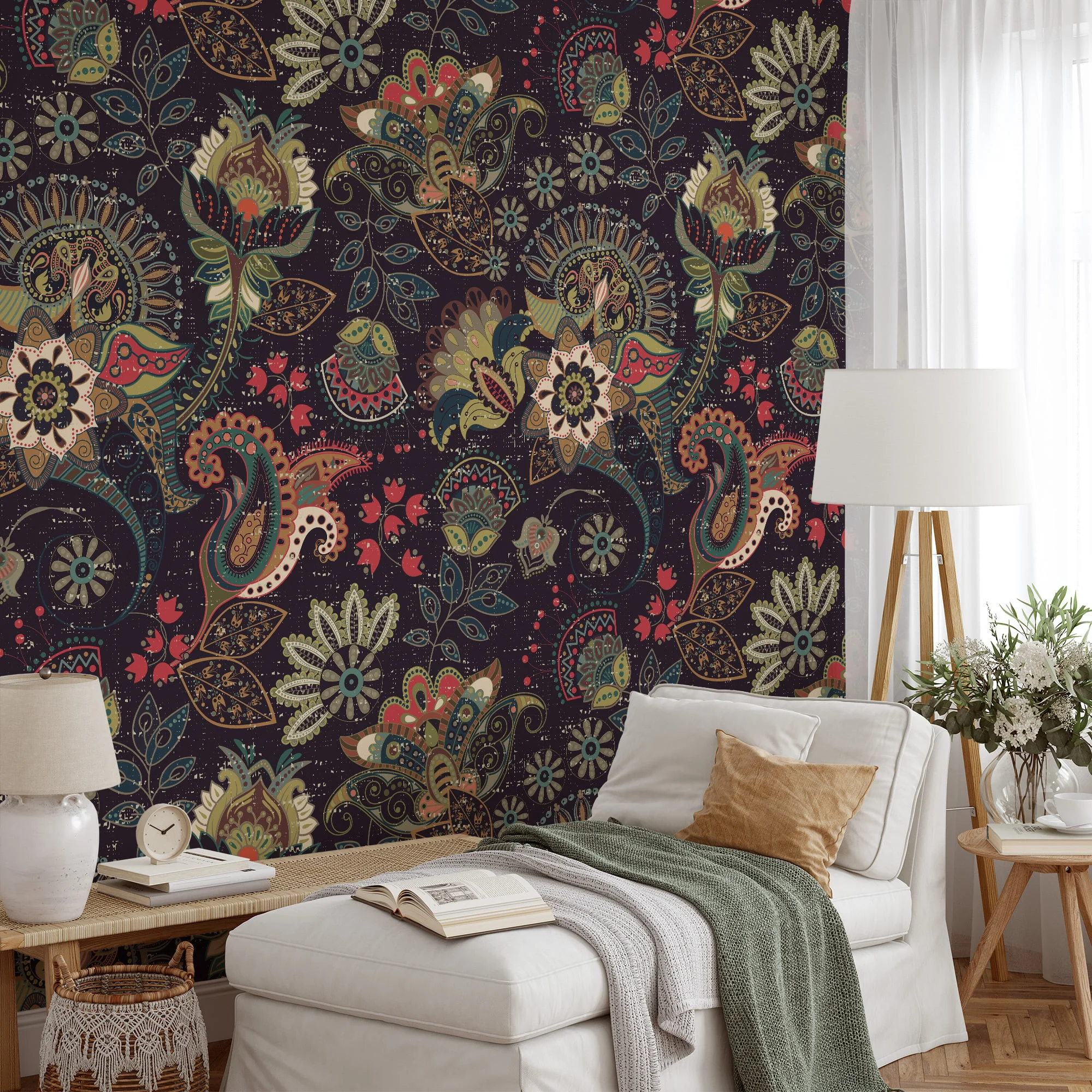 Bring a Unique and Exotic Flair to Your Home with this Abstract Oriental Floral Illustration Wallpaper