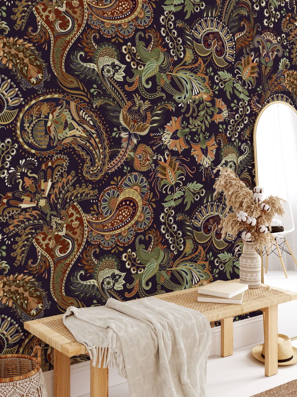 Earthy Traditional Floral Pattern with Dark Background Peel and Stick Wallpaper for a Cozy Home