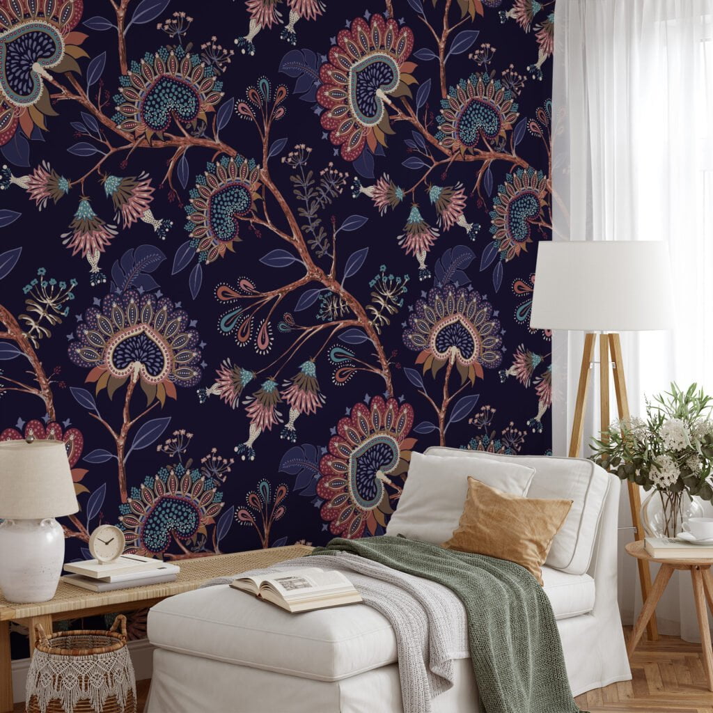 Navy Blue Floral Wallpaper - Traditional Design for a Sophisticated Aesthetic