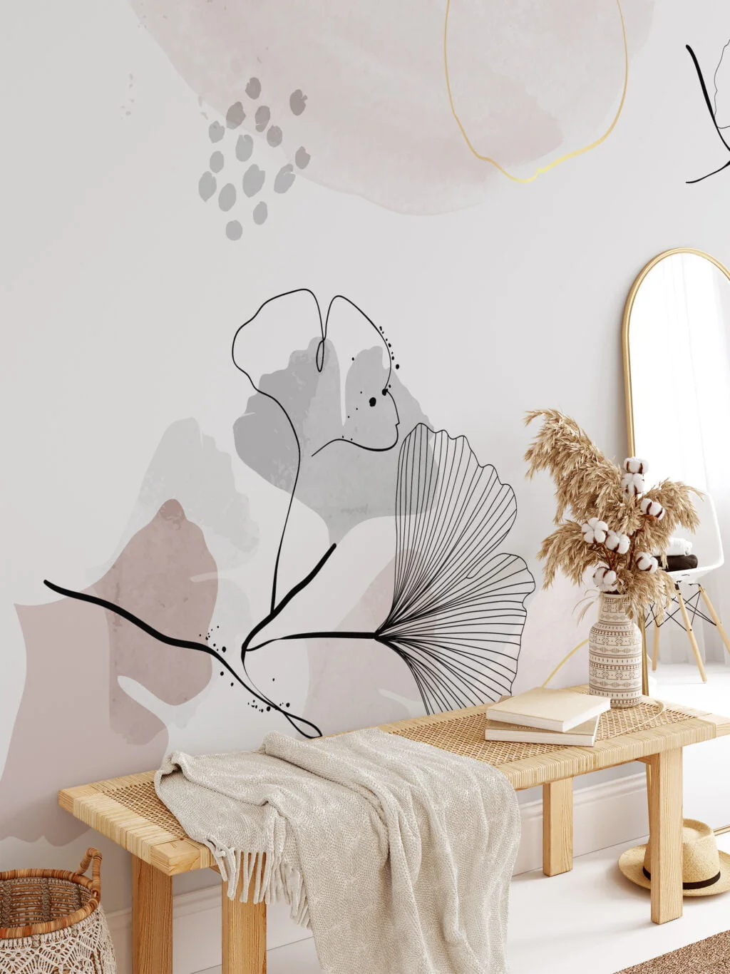 Exquisite Minimalist Grey and Nude Wallpaper with Delicate Floral Line Art for a Timeless Appeal