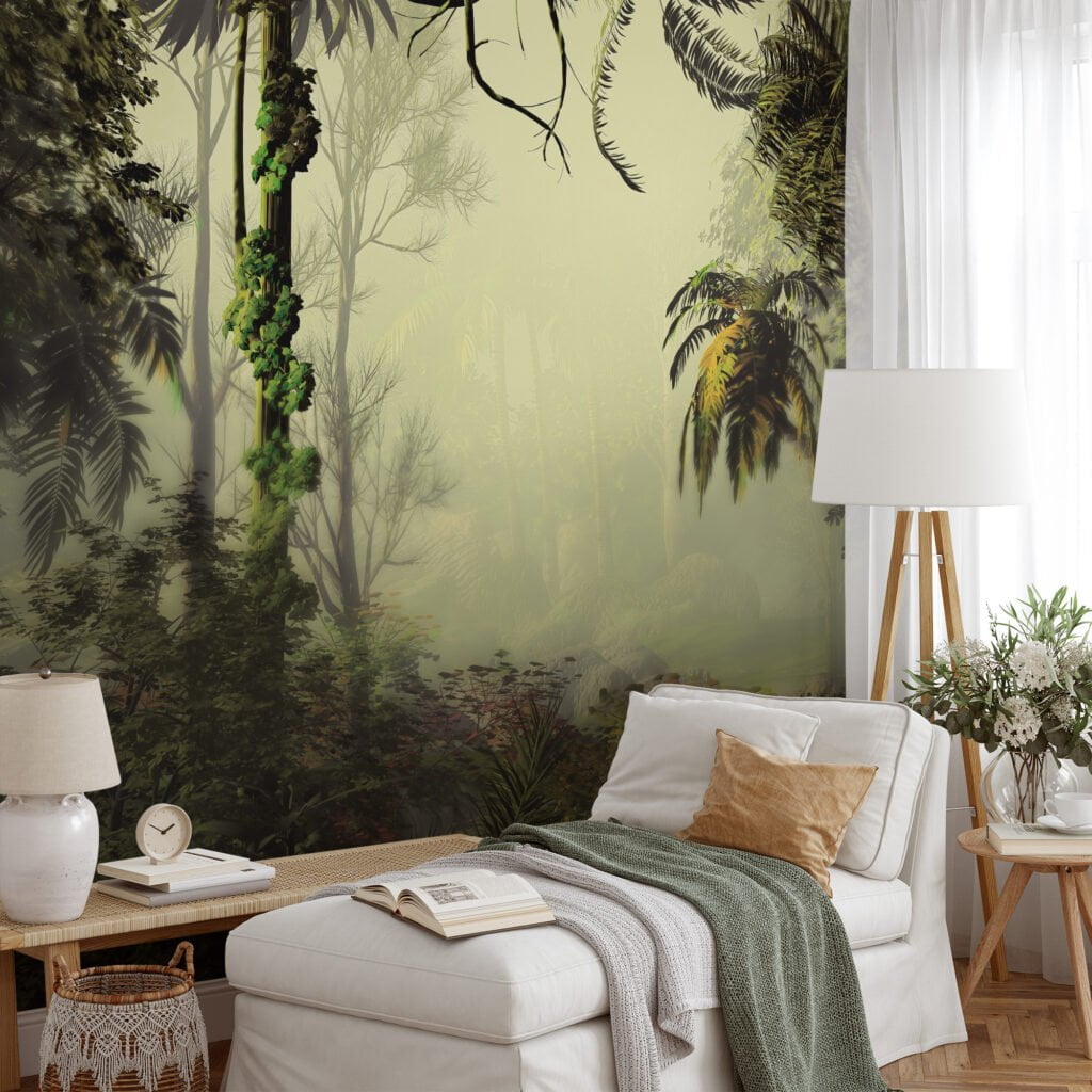 Elegant Misty Green Jungle Wallcovering with Lush Palm Trees and Forest Background for a Serene Atmosphere