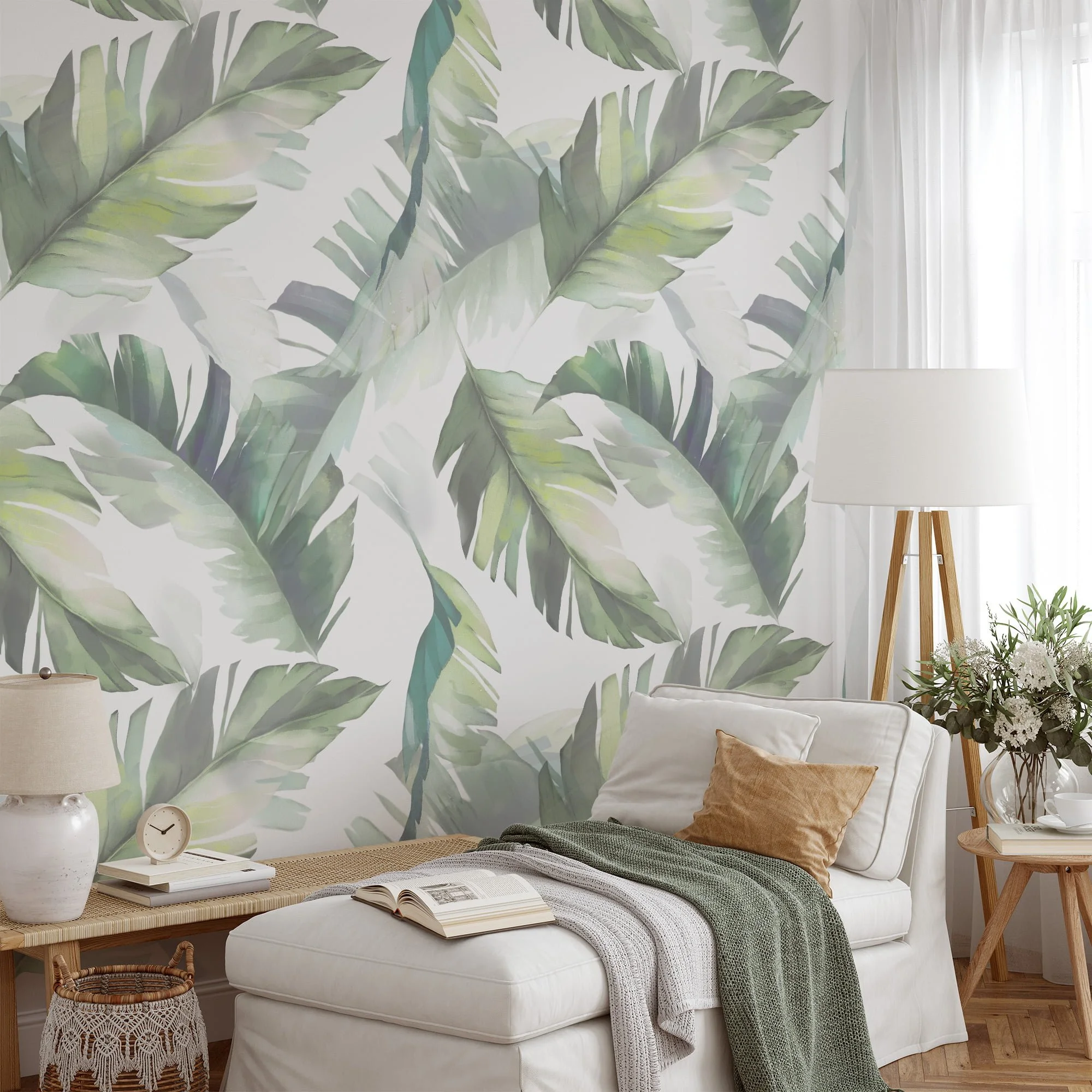 Soft and Serene Watercolor Style Leaves on White Background - Self-Adhesive Peel and Stick Green Wallpaper for a Modern and Relaxing Atmosphere