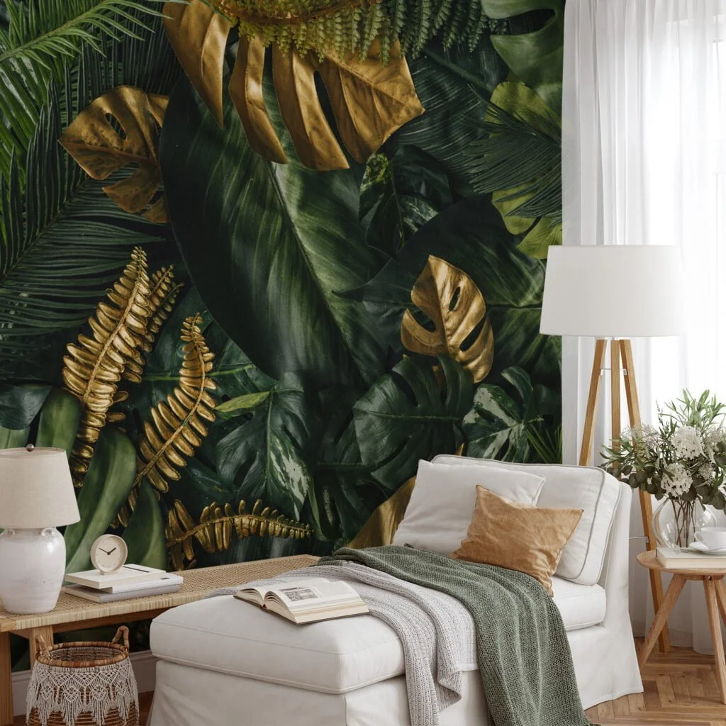 Vibrant Golden and Green Tropical Leaves on Jungle Background - Self-Adhesive Peel and Stick Botanical Wallpaper to Create a Lush Escape