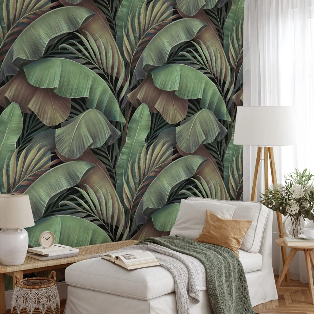 Lush Oasis with Large Tropical Green Banana Leaves Pattern - Self-Adhesive Peel and Stick Green and Brown Leaf Wallpaper Inspired by Nature