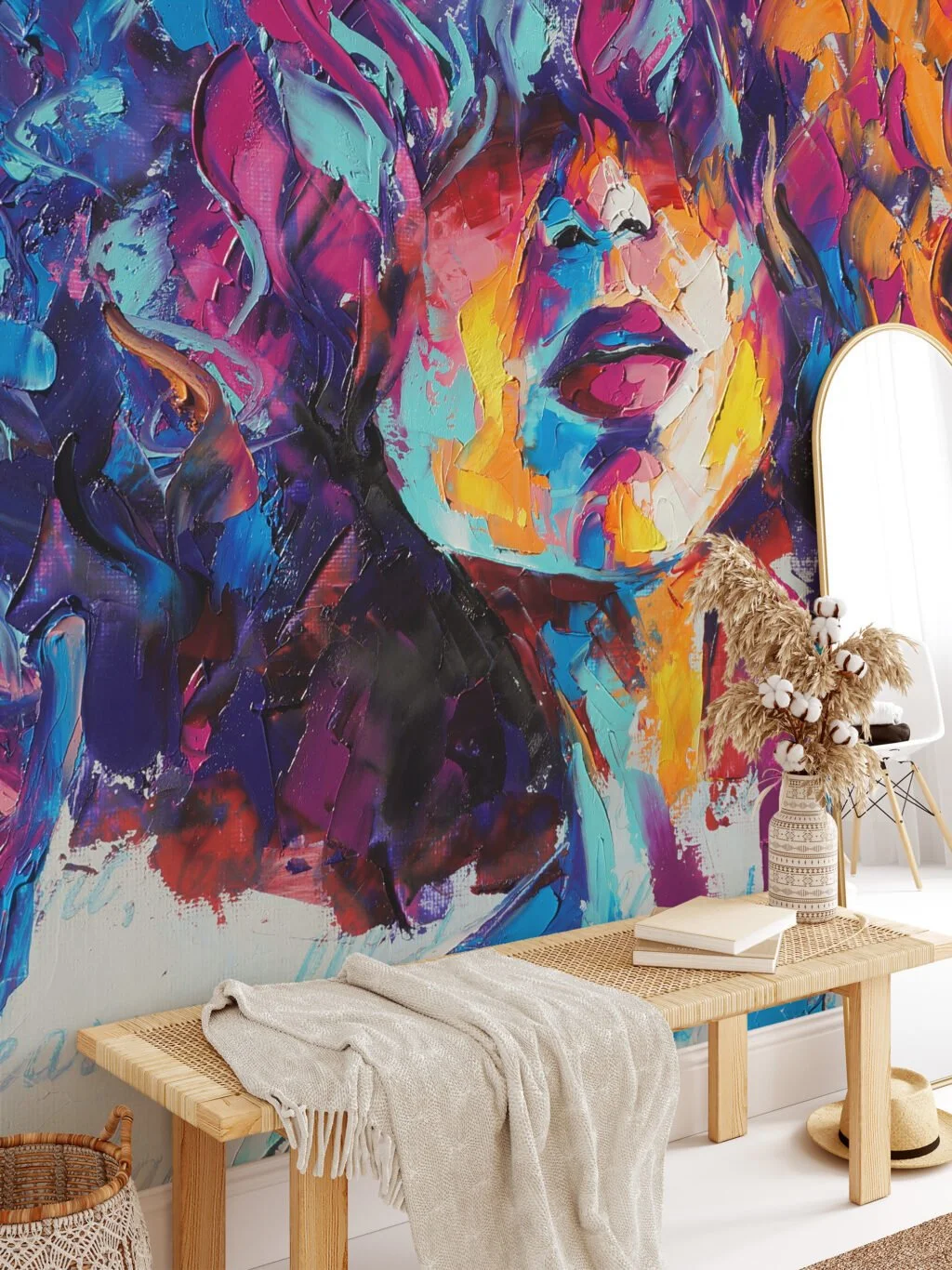 Colorful Abstract Oil Painting of A Girl Wallpaper, Modern Peel and Stick Removable Wall Mural, Self Adhesive Abstract Artistic Wallpaper