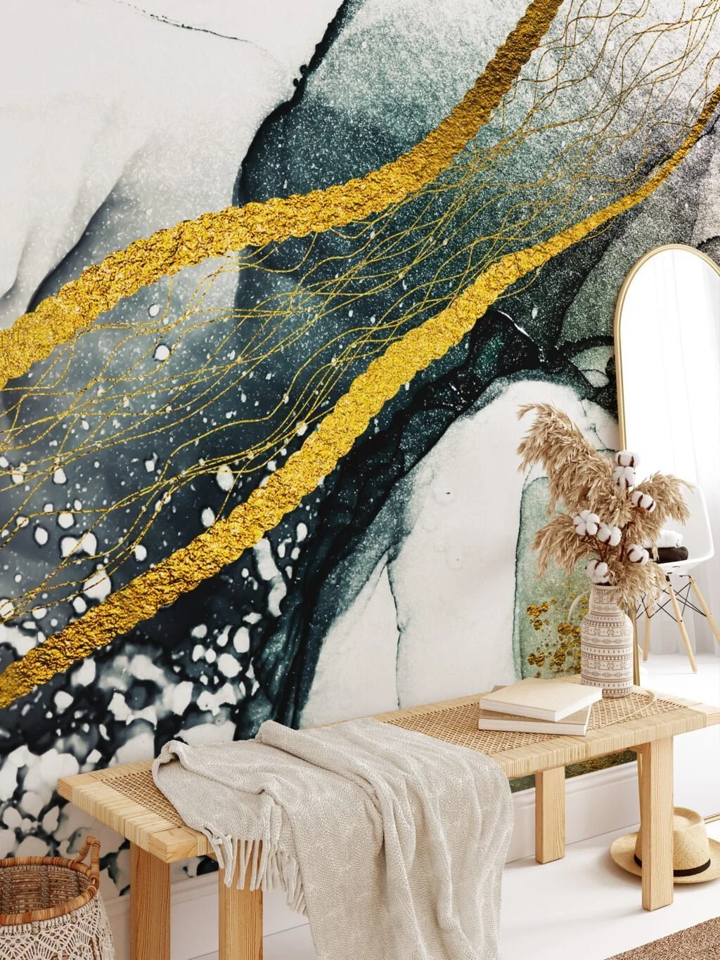 Golden Wave Lines Wall Mural - Self-Adhesive Peel & Stick Wallpaper for Contemporary Home Decor