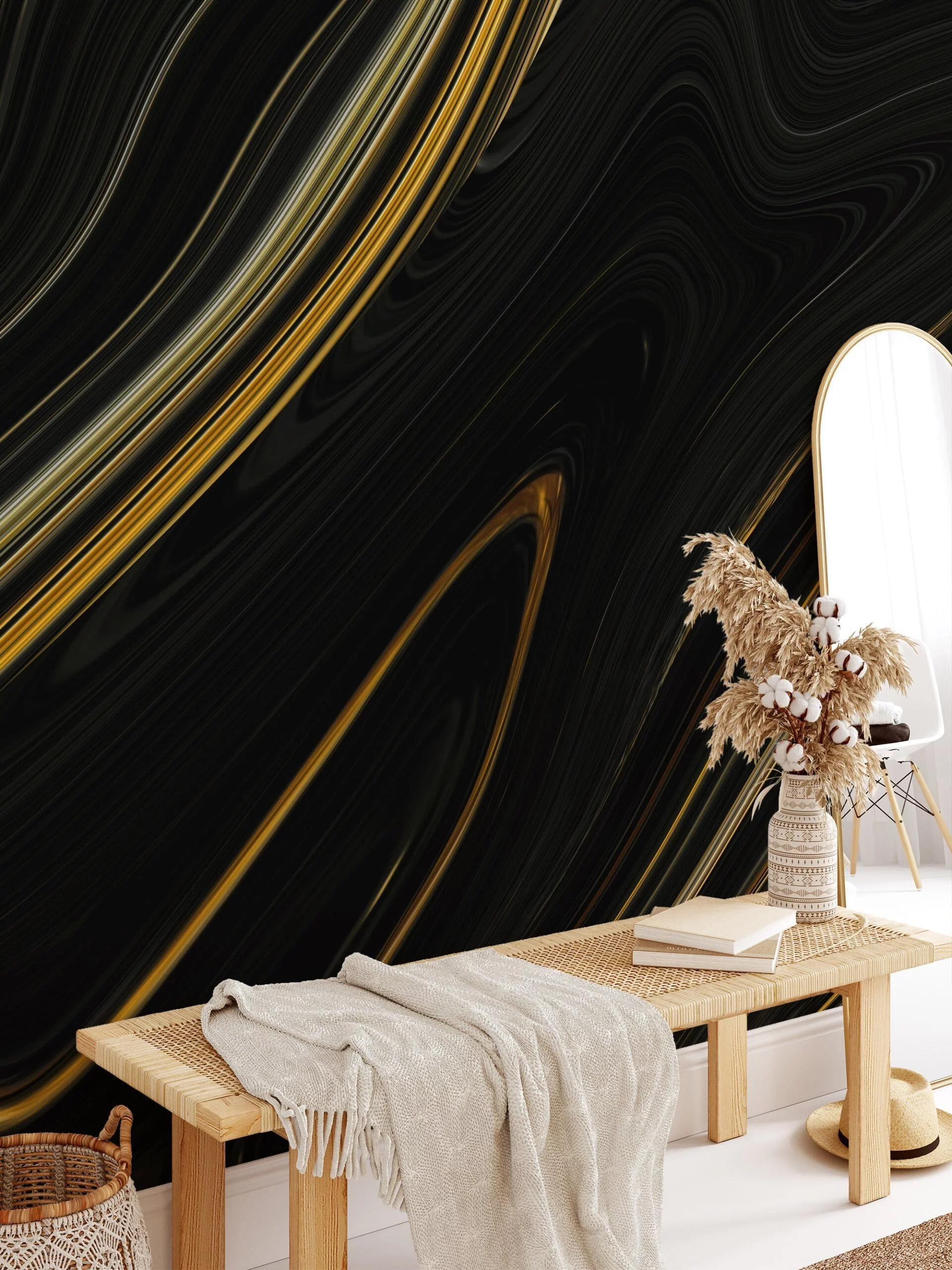 Contemporary Black and Gold Fluid Abstract Wallpaper for a Modern and Stylish Look