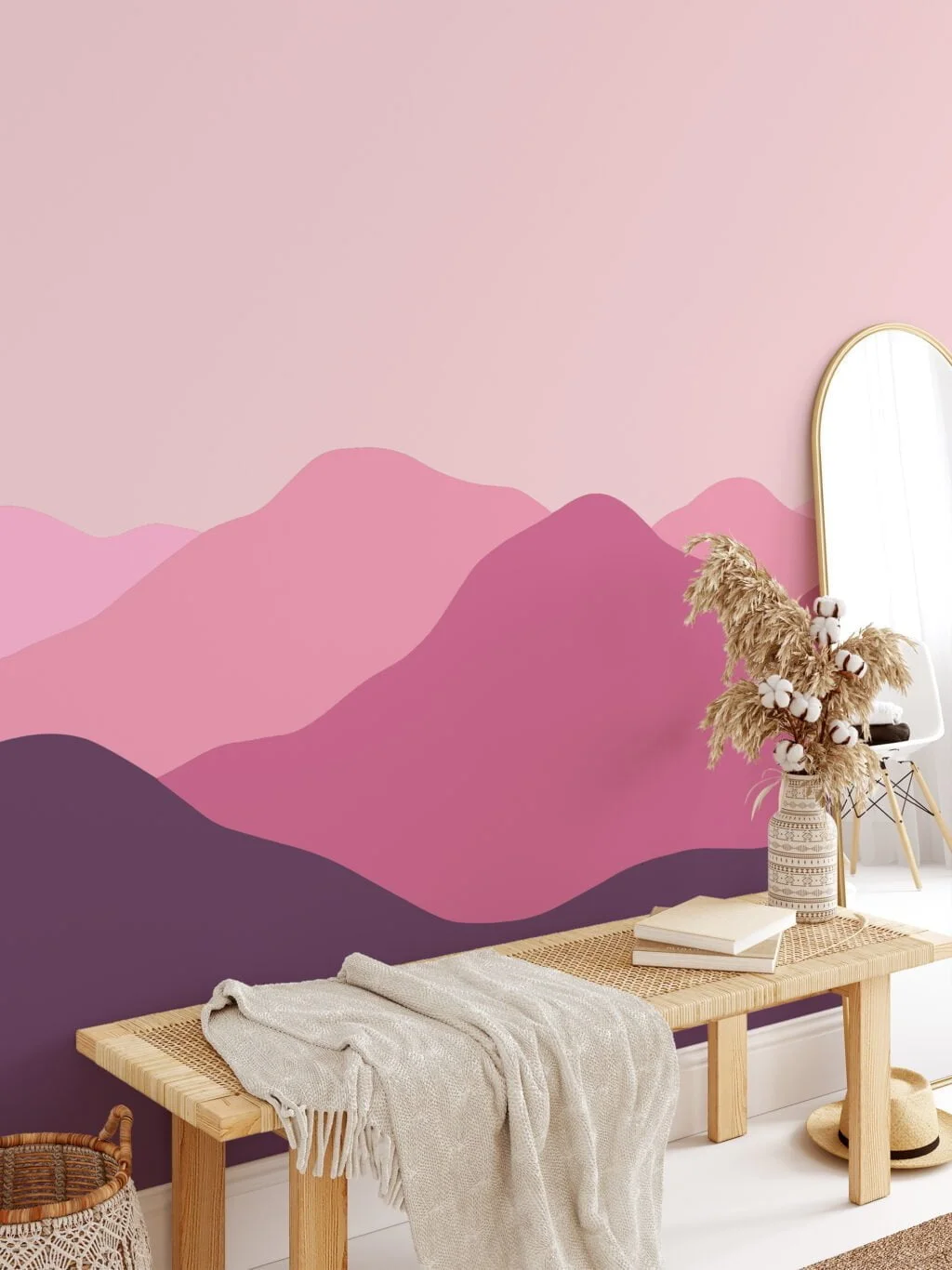 Minimalistic Abstract Mountains Wallpaper with Pink and Purple Hues for a Contemporary and Chic Home Decor