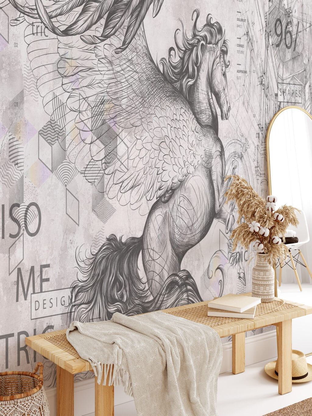 Abstract and Geometric Pegasus Wallpaper, Peel and Stick Temporary Self Adhesive Wall Mural, Modern Abstract Artistic Design