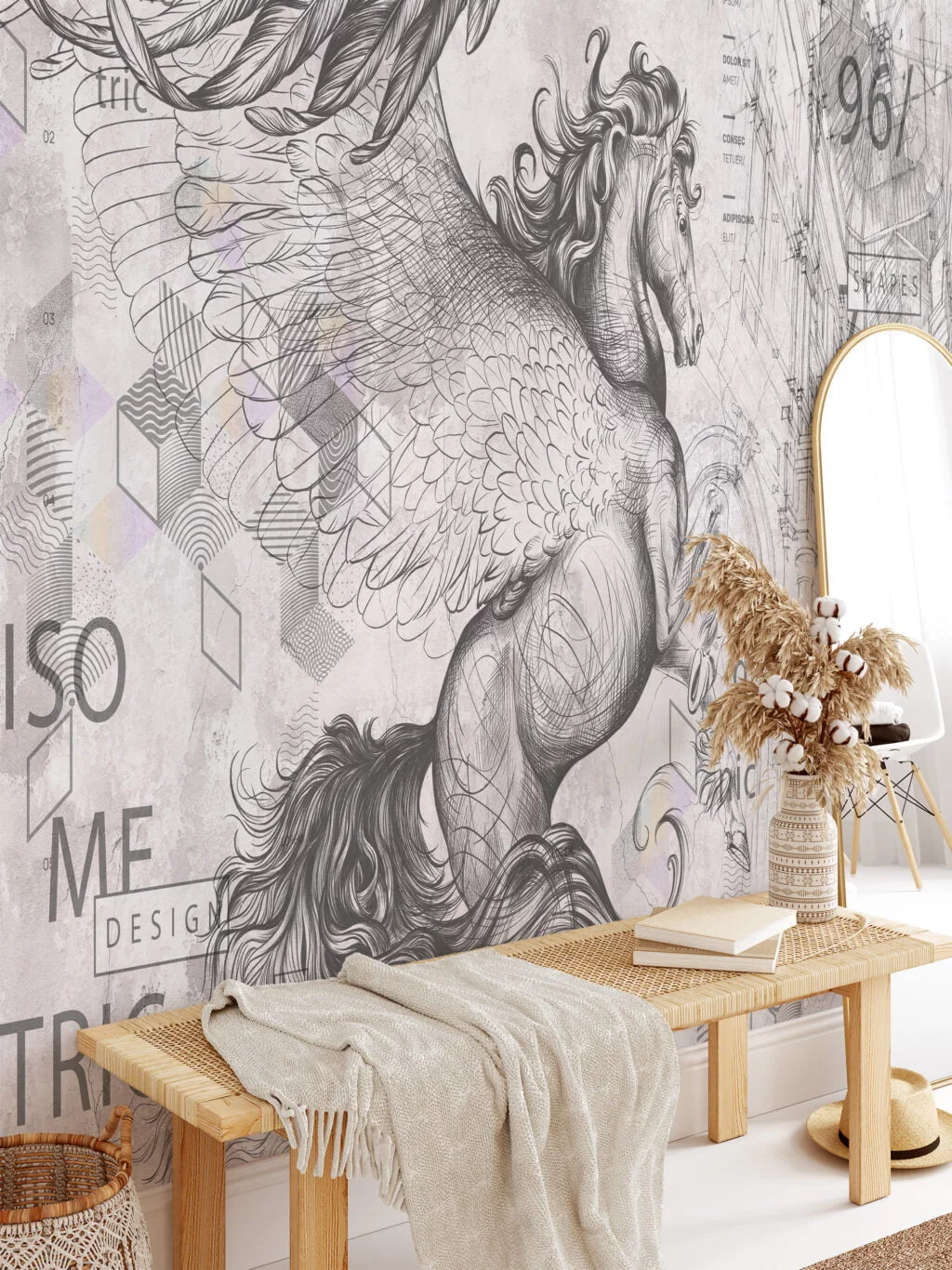 Abstract and Geometric Pegasus Wallpaper, Peel and Stick Temporary Self Adhesive Wall Mural, Modern Abstract Artistic Design