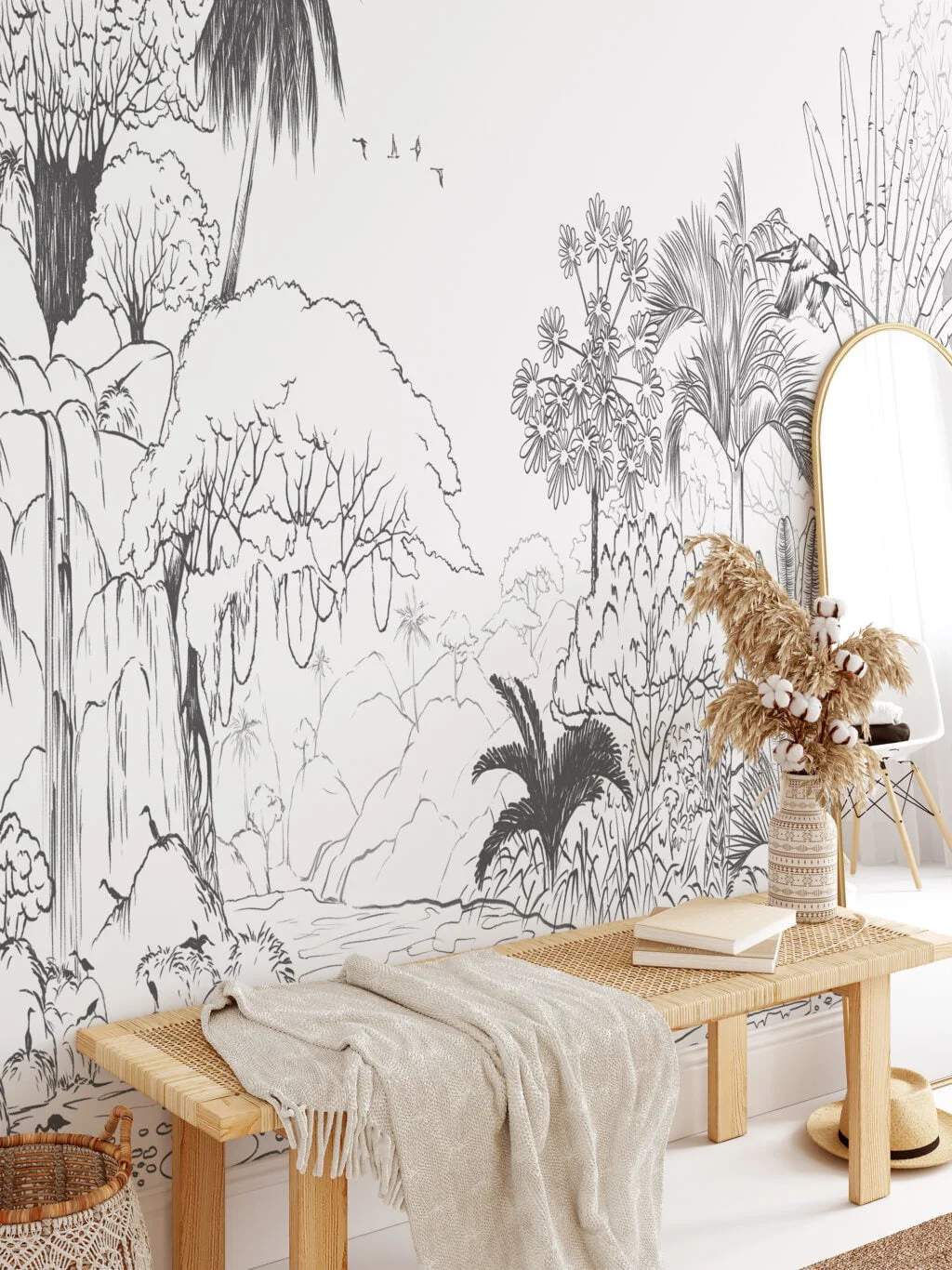 Jungle with Palm Trees Line Art Wallpaper, Hand-drawn and Chic Self Adhesive Wall Mural, Peel and Stick Removable Wallpaper for Nature-lovers