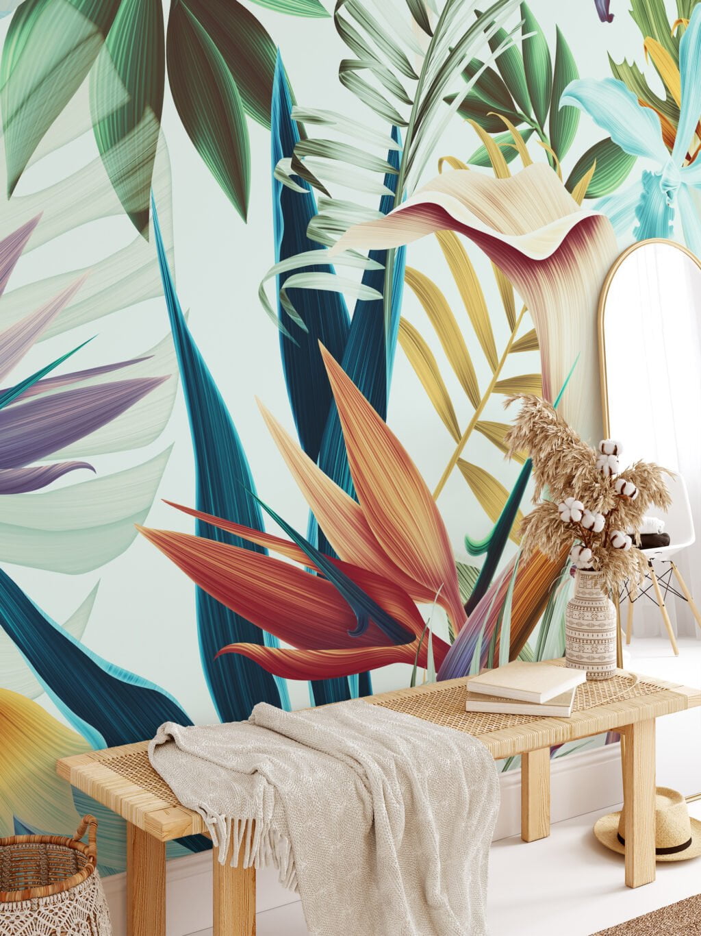 Large Tropical Floral Wallpaper, Exotic and Lush Peel and Stick Removable Wall Mural, Self Adhesive Wallpaper for a Relaxing Oasis