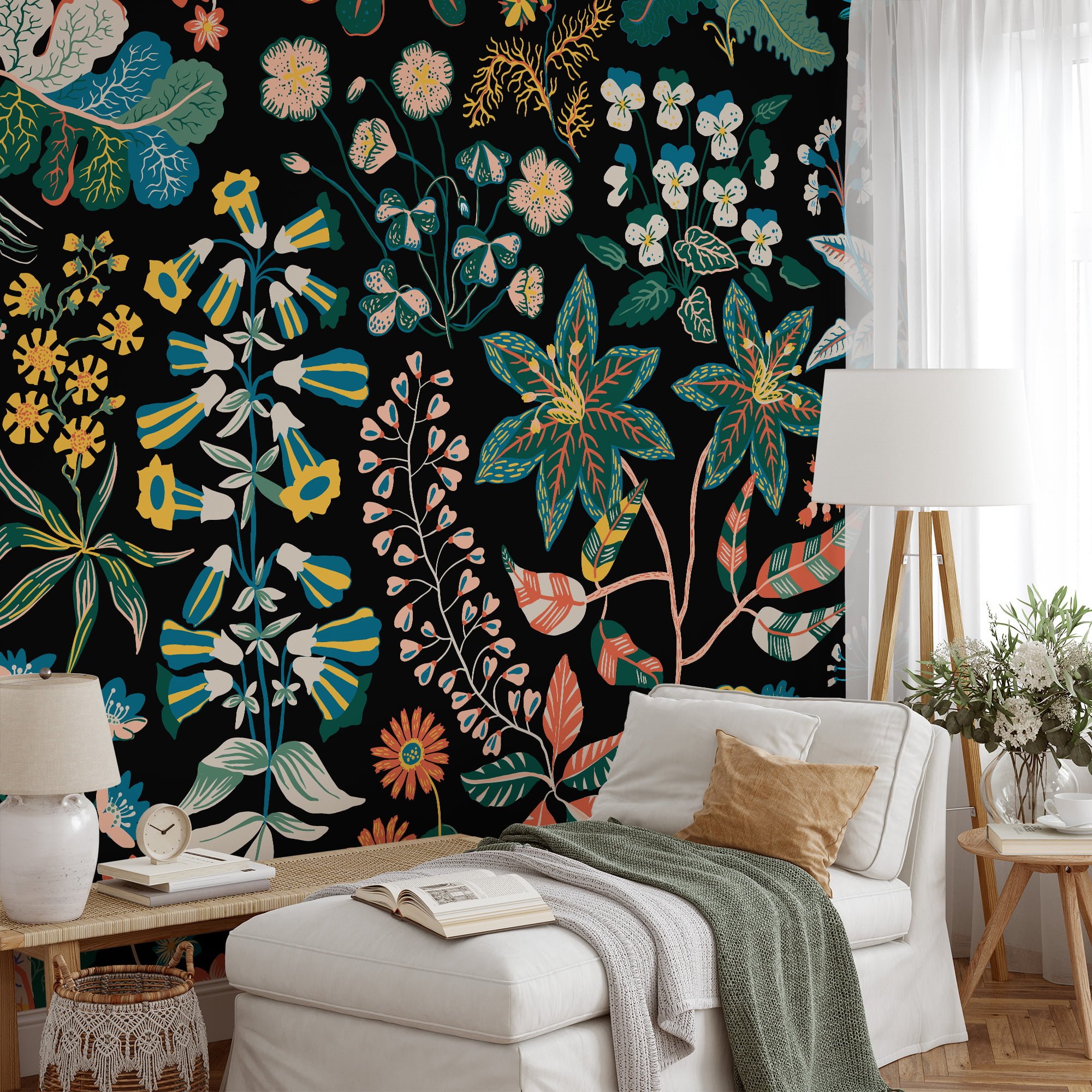 Elegant Flat Style Floral Pattern on Dark Background Wallcovering for a  Bold Statement