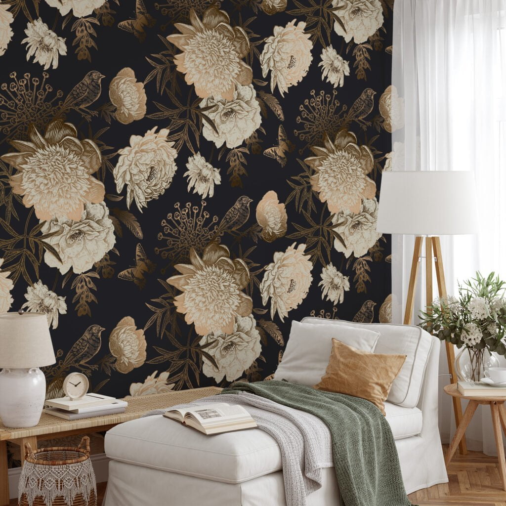 Vintage Peony Rose and Bird Illustration Wallcovering for a Classic and Elegant Look