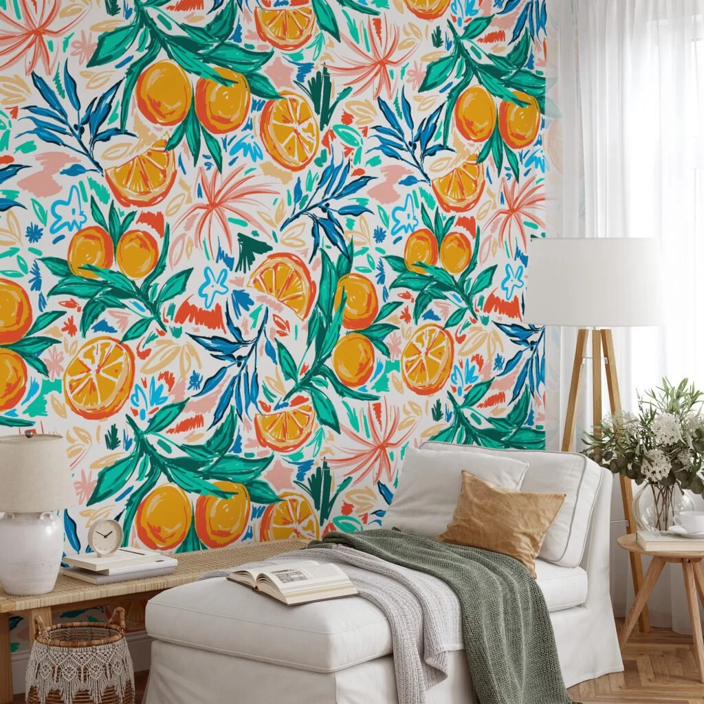 Illustrated Oranges and Tangerines Wall Mural for a Fun and Lively Atmosphere