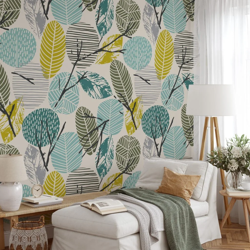 Artistic Abstract Fall Leaves with Branches on Light Background - Self-Adhesive Peel and Stick Wallpaper with a Modern Twist in Blue and Yellow