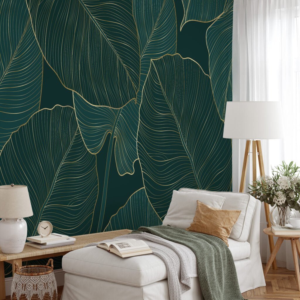 Stunning Dark Green Monstera Leaves with Golden Line Art - Self-Adhesive Peel and Stick Nature Wallpaper for a Bathroom or Kitchen Refresh