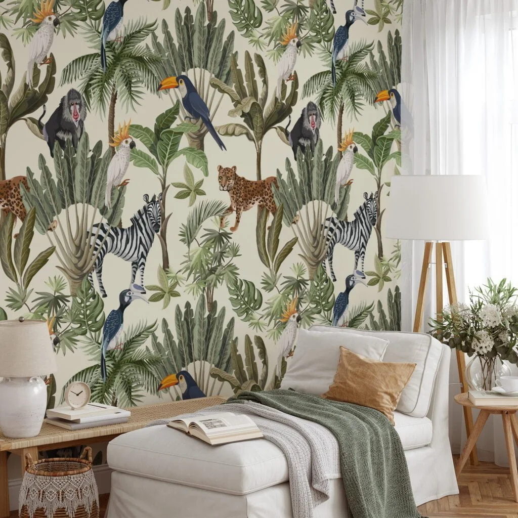 Lush Leaves and Exotic Animal Illustration Wallpaper for a Wild and Vibrant Home Decor