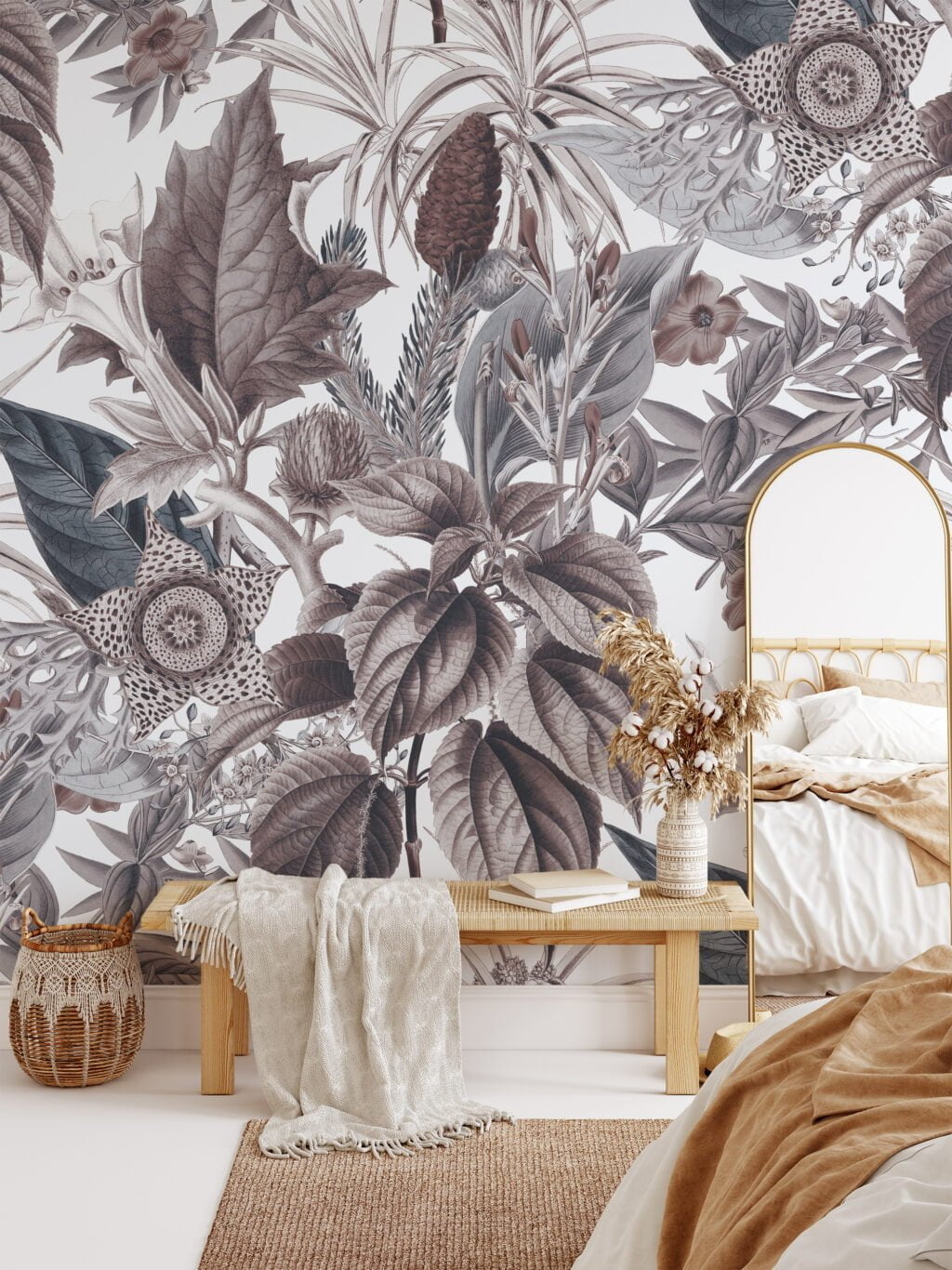 Traditional Plant Illustration Vintage Style Flowers and Leaves on White Background Wallpaper, Peel and Stick Self Adhesive Removable Wall Mural, Old-Fashioned Garden Imagery