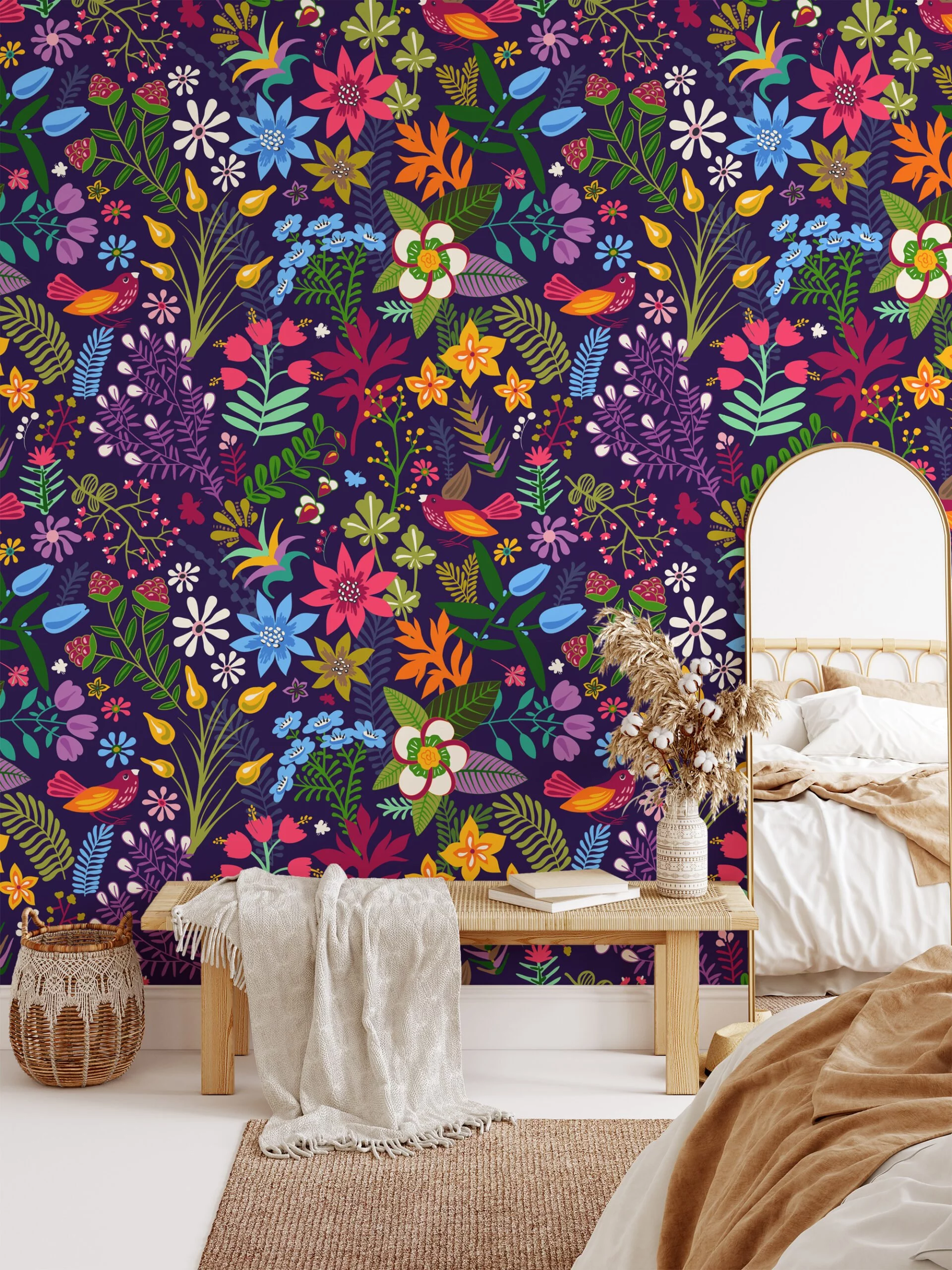 Modern Wallpaper with Colorful Flower Design Illustration - Durable, Self-Adhesive, and Removable