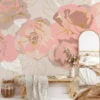 Elegant Pink Peony Roses with Golden Line Art Wallcovering for a Chic and Luxurious Decor