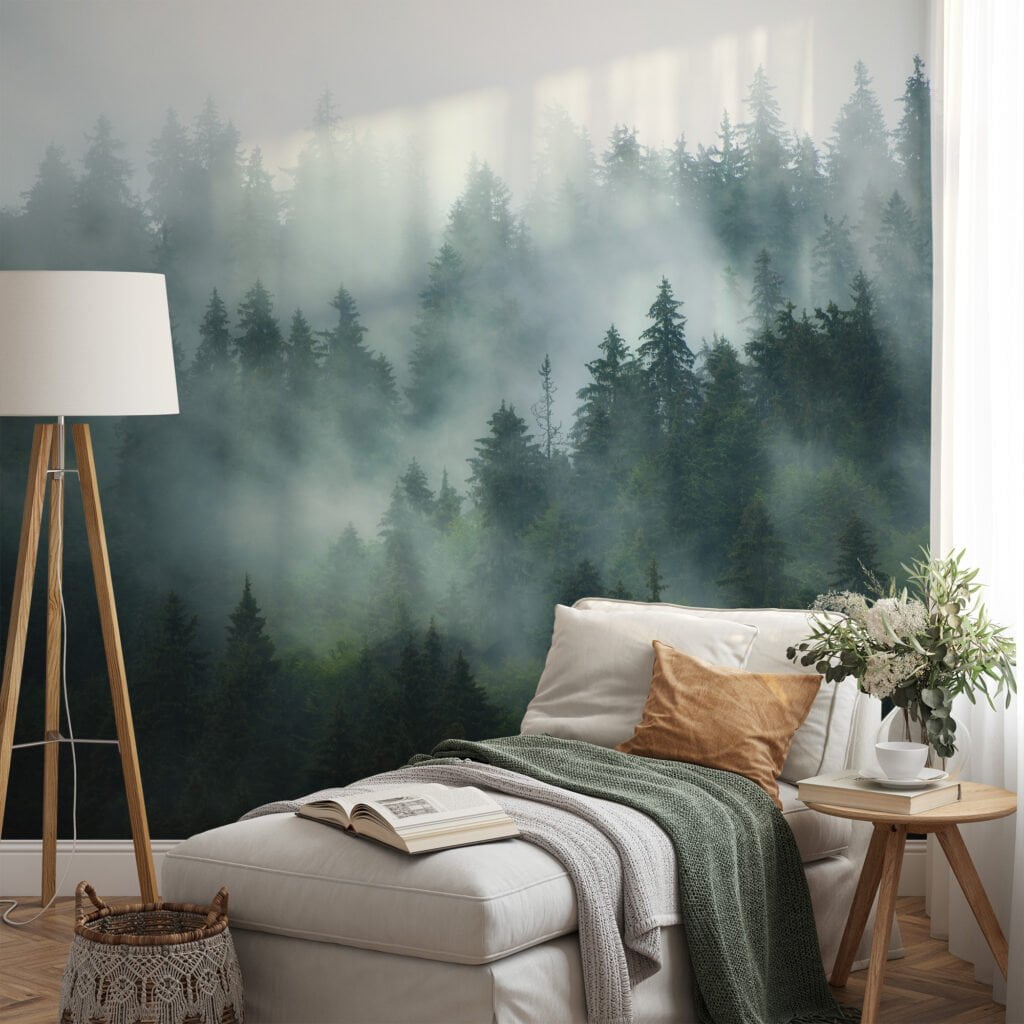 Stunning Foggy Dark Green Forest Wallpaper for a Mystical Nature-Inspired Look