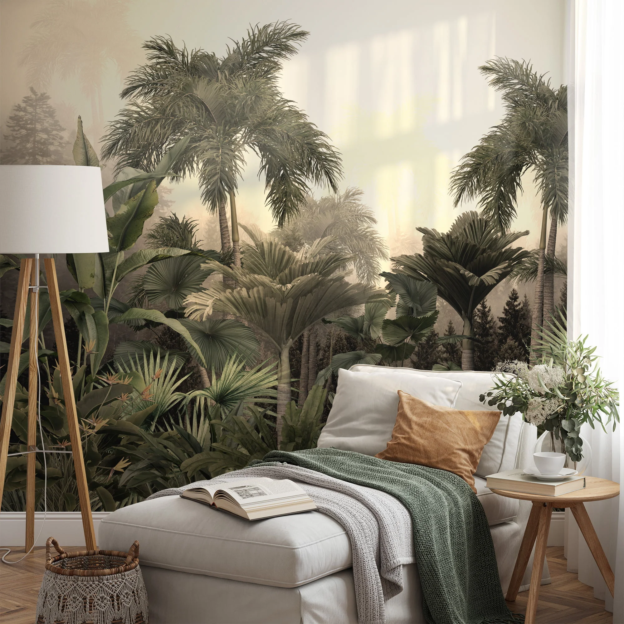 Misty Jungle Wallpaper with Lush Palm Trees and Large Leaves for a Tropical and Exotic Interior