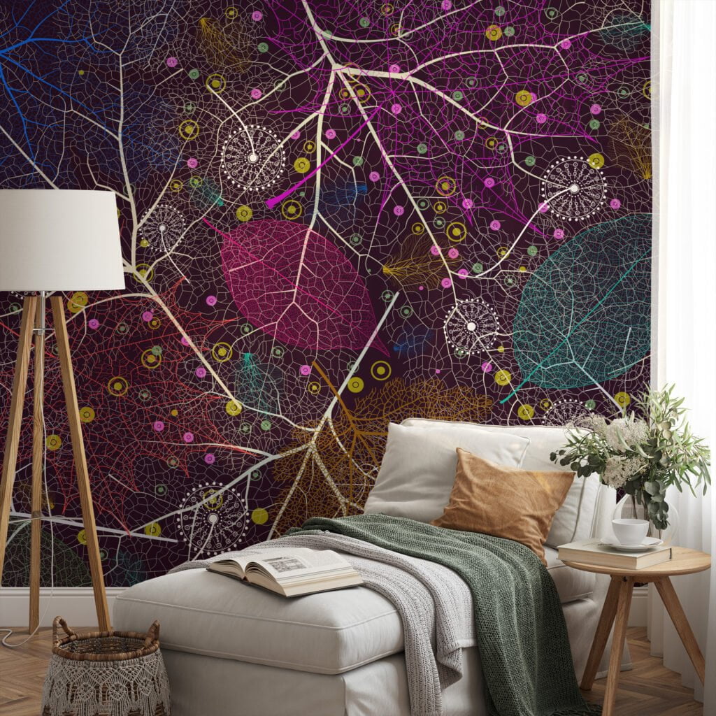 Colorful Abstract Leaves with Artistic Venation on Dark Background - Peel and Stick Self-Adhesive Whimsical Wallpaper