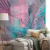 Colorful Tropical Palm Leaves in Bubble Pink and Blue - Self-Adhesive Peel and Stick Wallpaper for a Vibrant Bathroom or Any Room