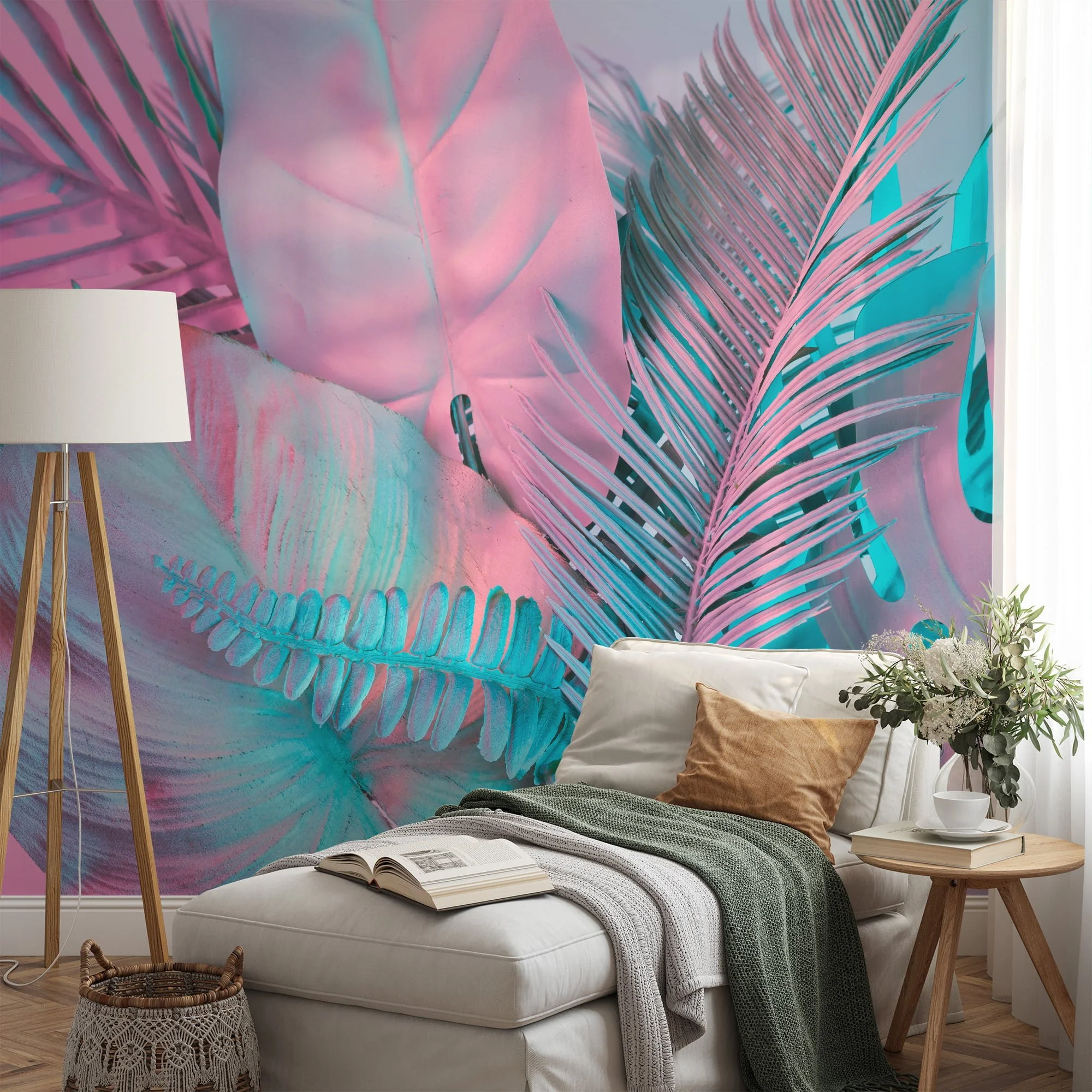 Colorful Tropical Palm Leaves in Bubble Pink and Blue - Self-Adhesive Peel and Stick Wallpaper for a Vibrant Bathroom or Any Room