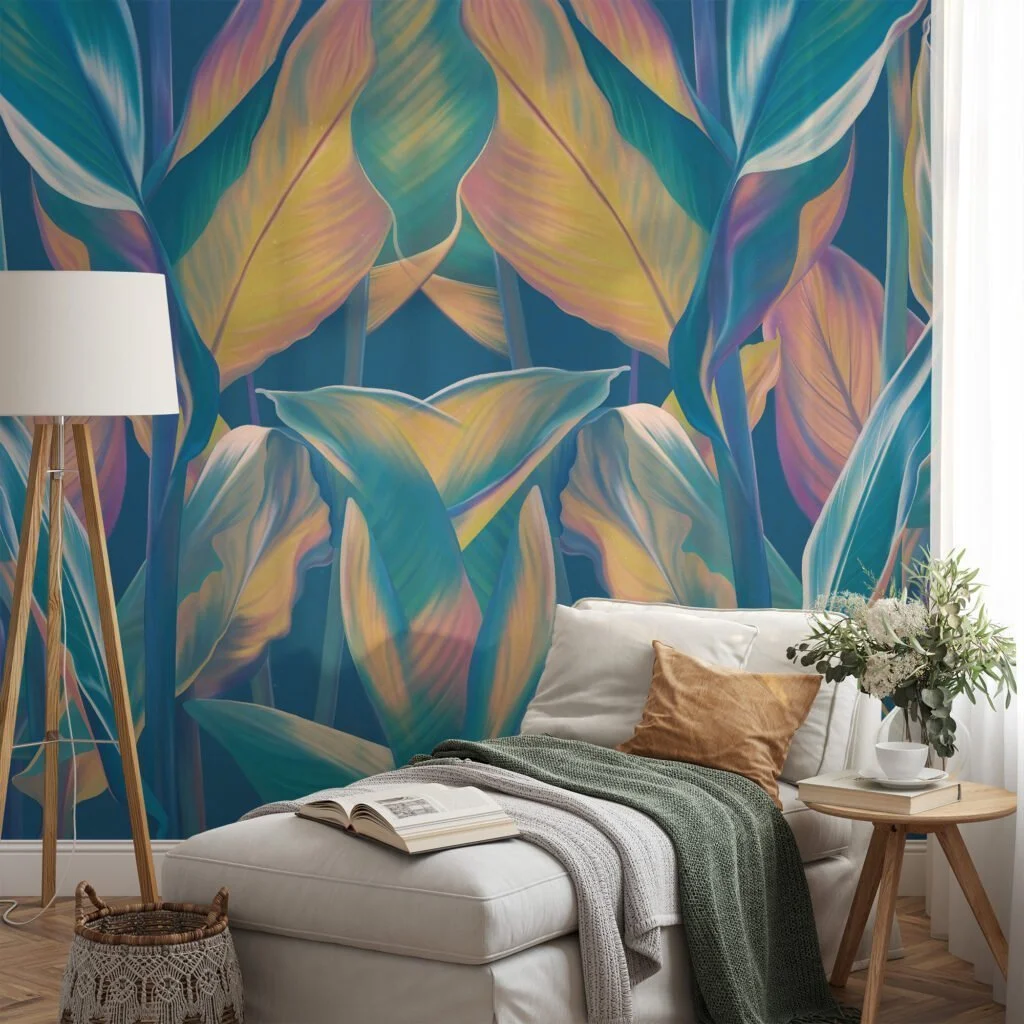 Escape to an Exotic Paradise with Blue-Toned Tropical Leaves Pattern - Self-Adhesive Peel and Stick Colorful Leaf Wallpaper in Shades of Blue for a Calming Atmosphere