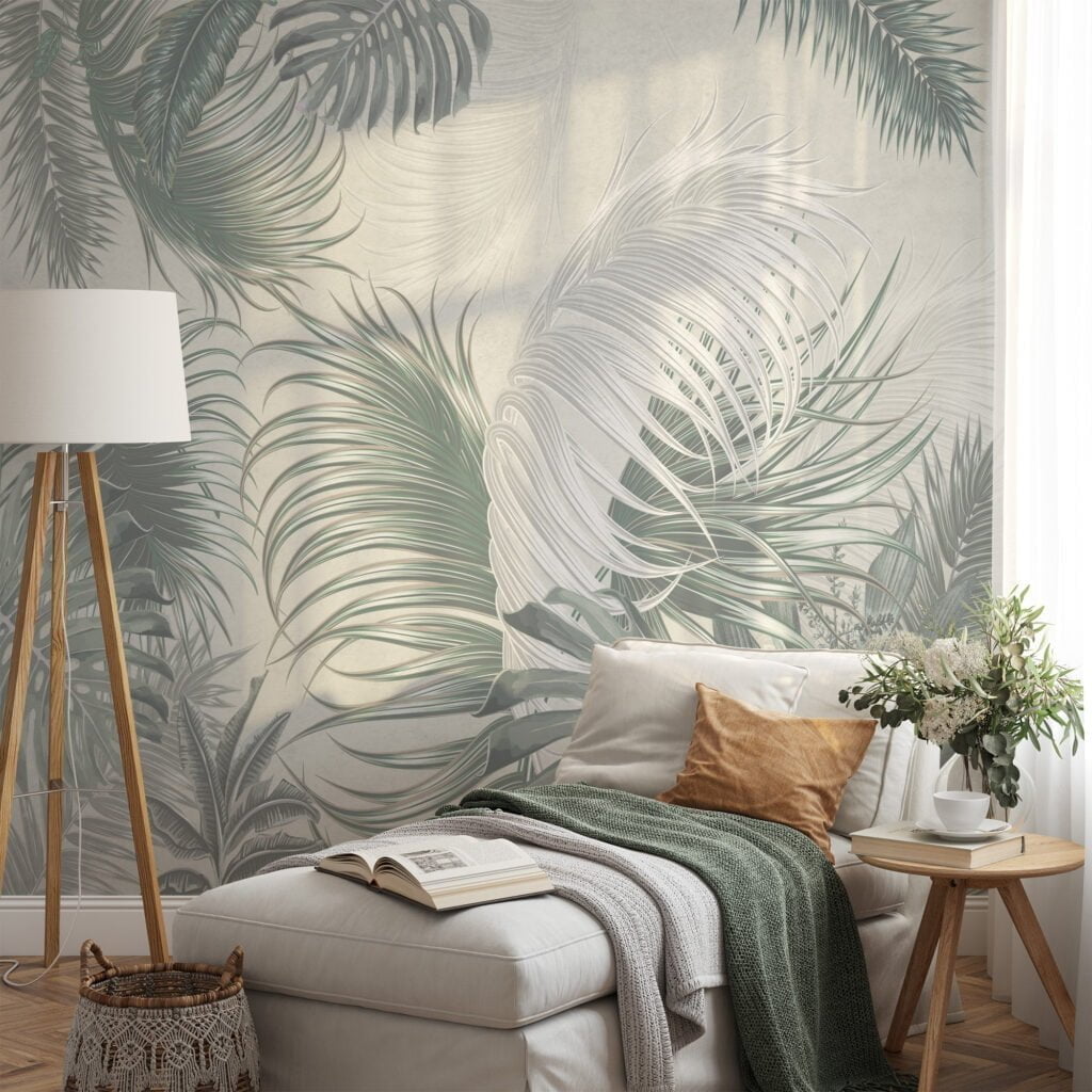 Create a Relaxing Oasis with Muted Green Colored Tropical Leaves on a Light Green Background - Self Adhesive Modern Wall Mural