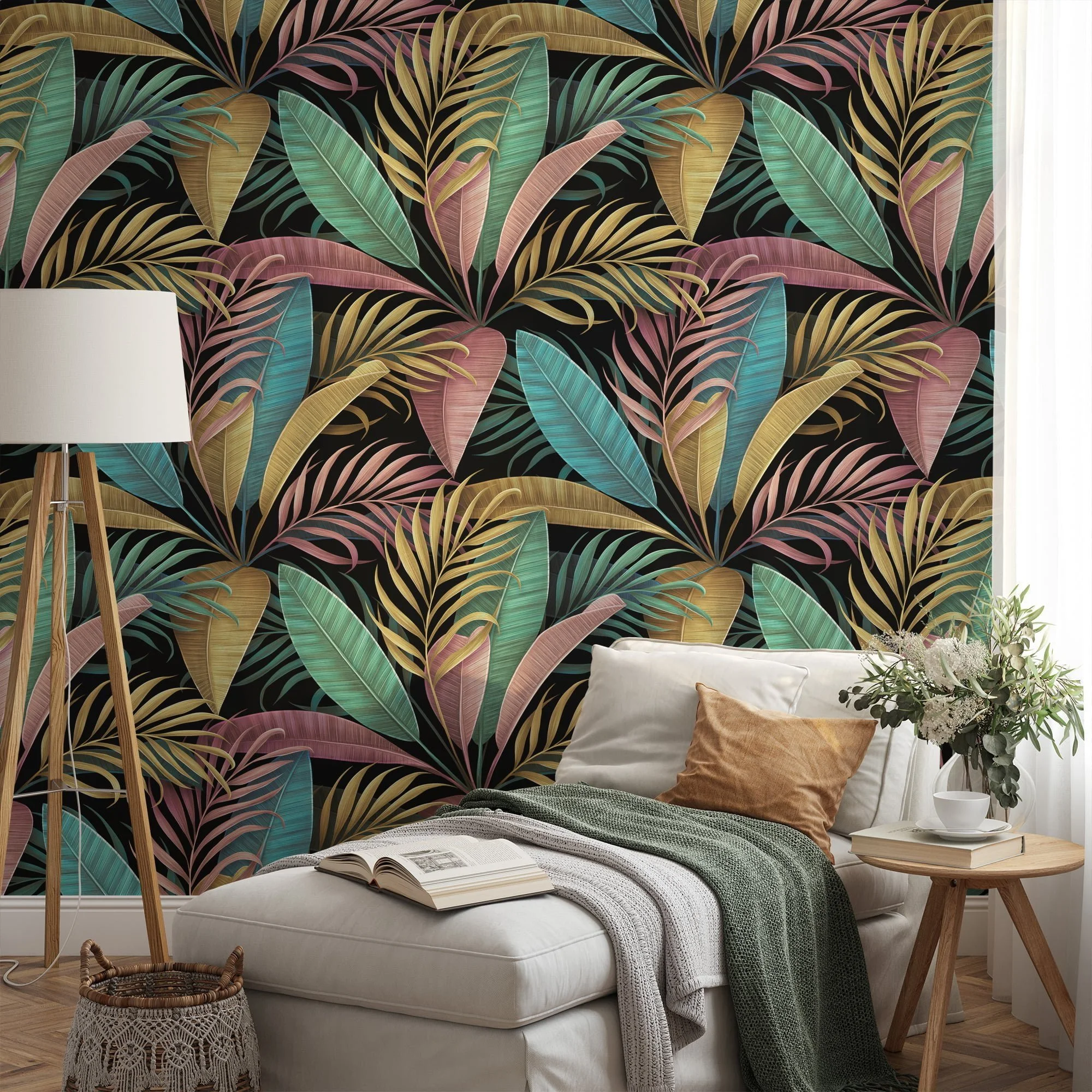 Add a Splash of Color to Your Walls with this Peel and Stick Colorful Leaf Wall Mural on a Black Background