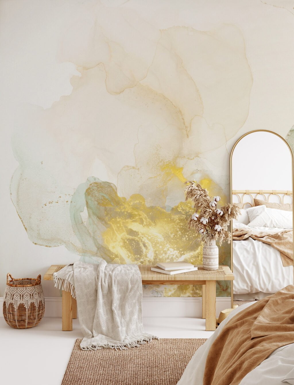 Beige and Mint Colored Ink in Water Effect Wall Mural - Self-Adhesive Peel & Stick Wallpaper