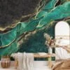 Opulent Emerald Green and Gold Marble Textured Wallpaper for a Glamorous Interior