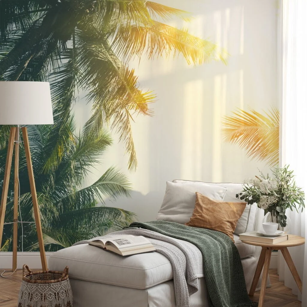 Tropical Palm Trees and Bright Sun Glare Wallpaper for a Relaxing and Exotic Atmosphere