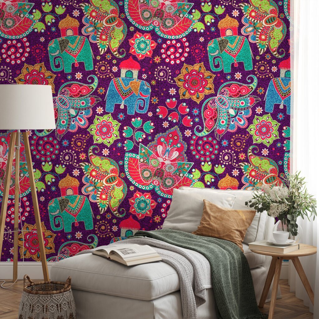 Traditional Oriental Illustration with Elephants Wallpaper - Vintage Style Floral Design with Elephants and Oriental Motifs