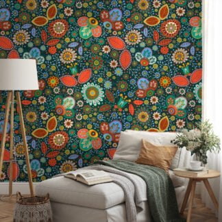 Colorful Flowers in Traditional Style Wallpaper - Floral Illustration with Multiple Colors and Textures Wall Mural