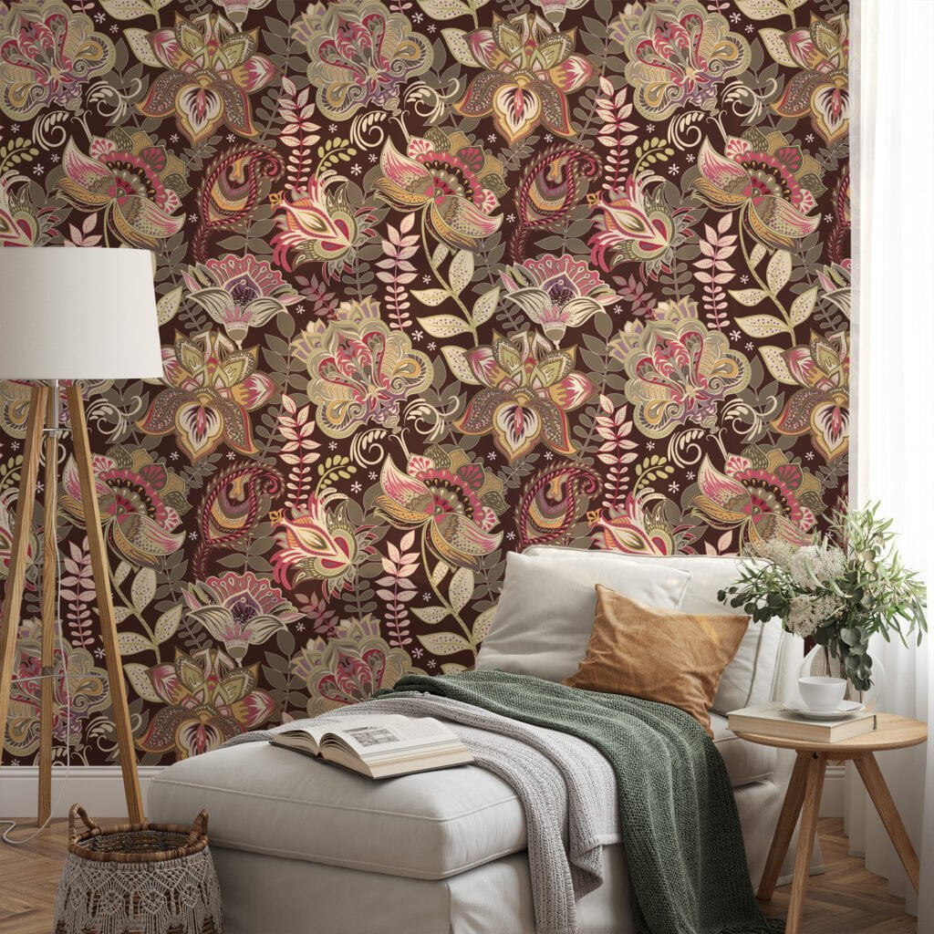 Oriental Vintage Style Floral Illustration Wallpaper - Antique Style Oriental Floral Pattern with Soft Colors and Delicate Details