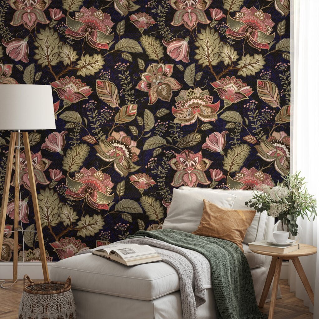 Vintage Style Floral Illustration with Dark Background Wallpaper - Classic Vintage Floral Pattern with Dramatic Contrast and Bold Colors
