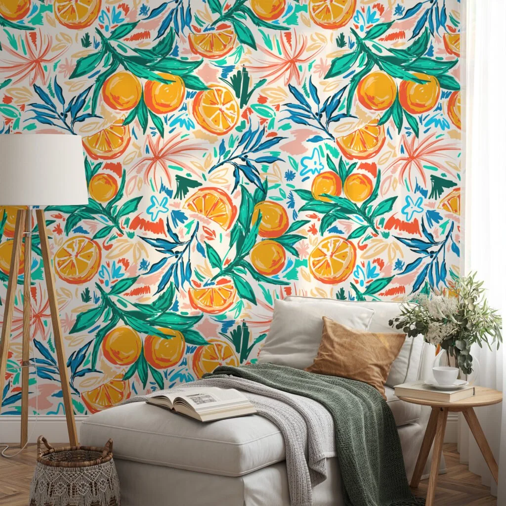 Illustrated Oranges and Tangerines Wall Mural for a Fun and Lively Atmosphere